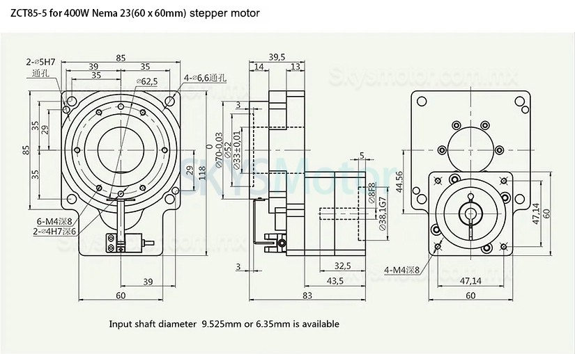 ZCT85-5/ZCT85-10 Actuador electrico rotativo hueco eje de entrada 14mm para servomotor de CA de 60 mm y 400 W/motor paso a paso